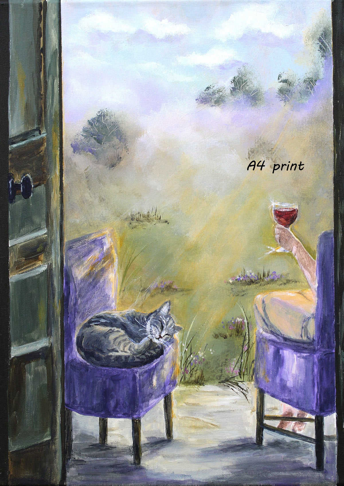  A4 fine art archival quality print depicting a cozy scene with a gray tabby cat sleeping on a purple armchair, a person holding a glass of red wine in another chair, and an open door looking out onto a misty green landscape.
