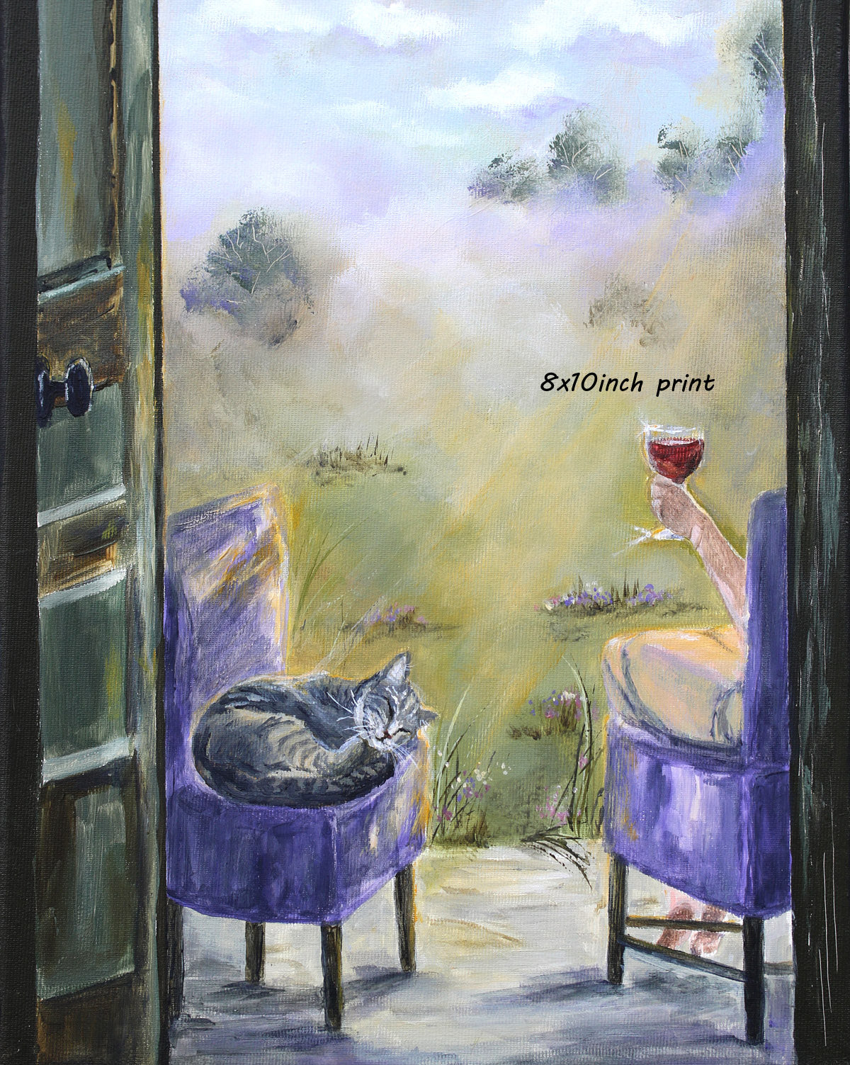 A 8x10 inch fine art archival quality print depicting a cozy scene with a gray tabby cat sleeping on a purple armchair, a person holding a glass of red wine in another chair, and an open door looking out onto a misty green landscape.